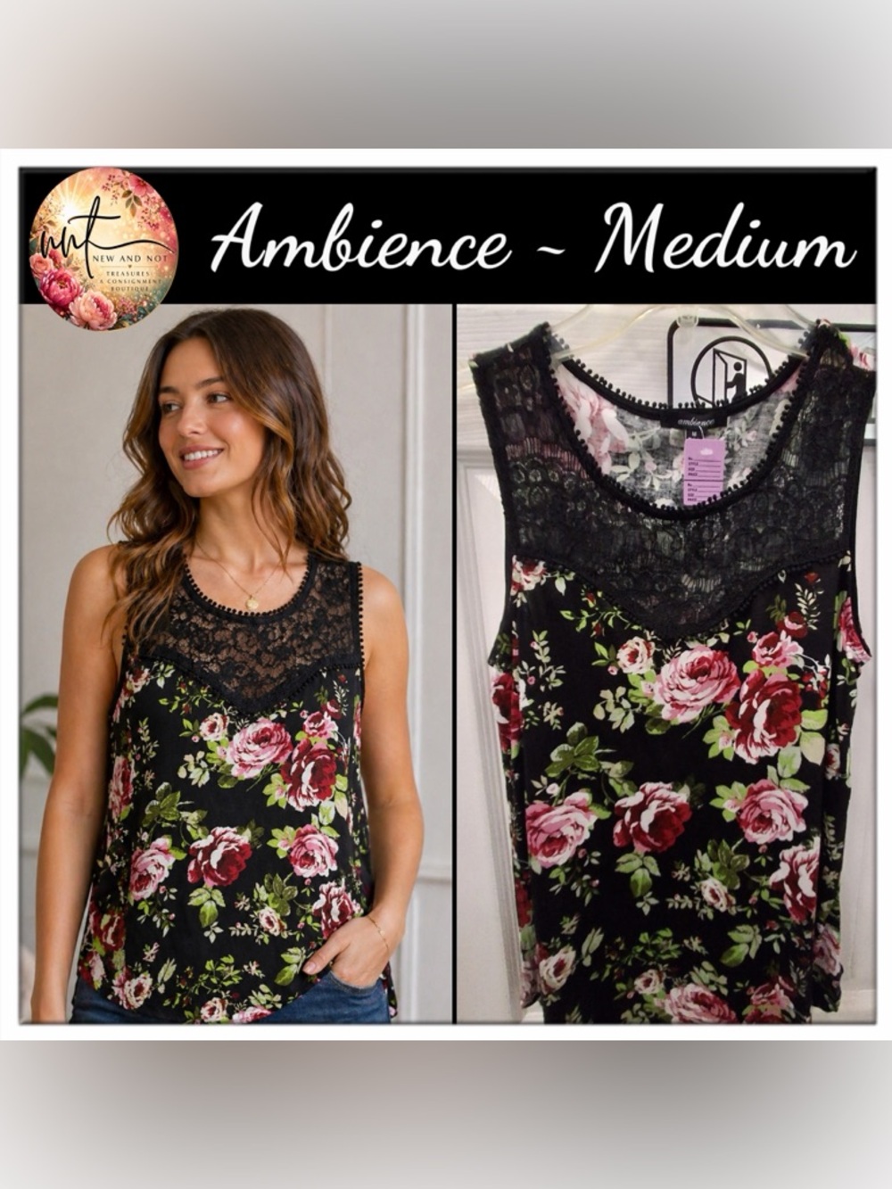 Ambiance Black Floral Lace Yoke Tank Top Sleeveless Blouse Size Medium